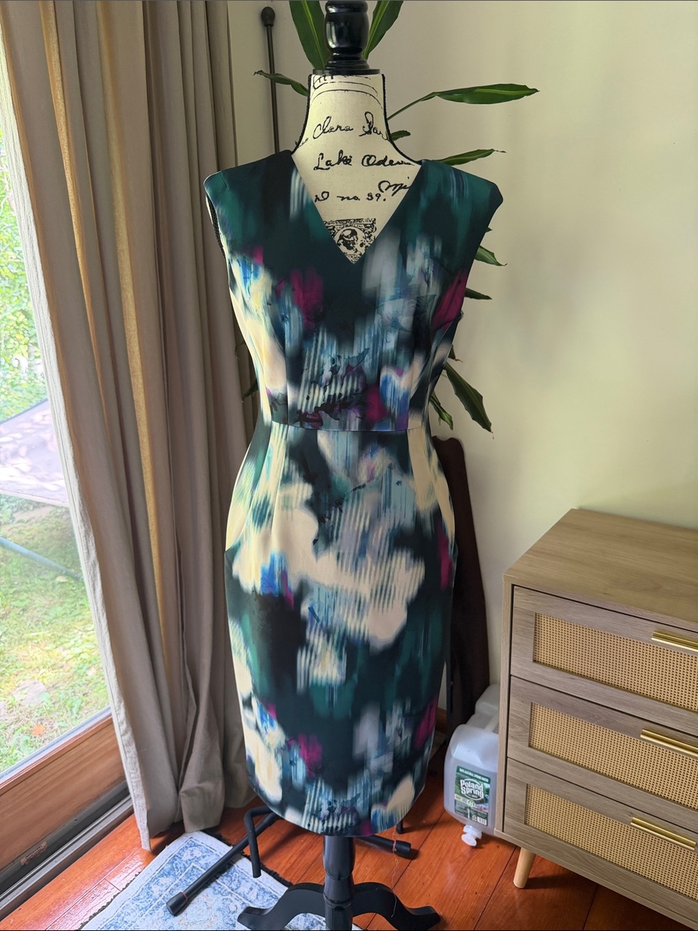 Calvin Klein Teal Abstract-Print Midi Sheath Dress